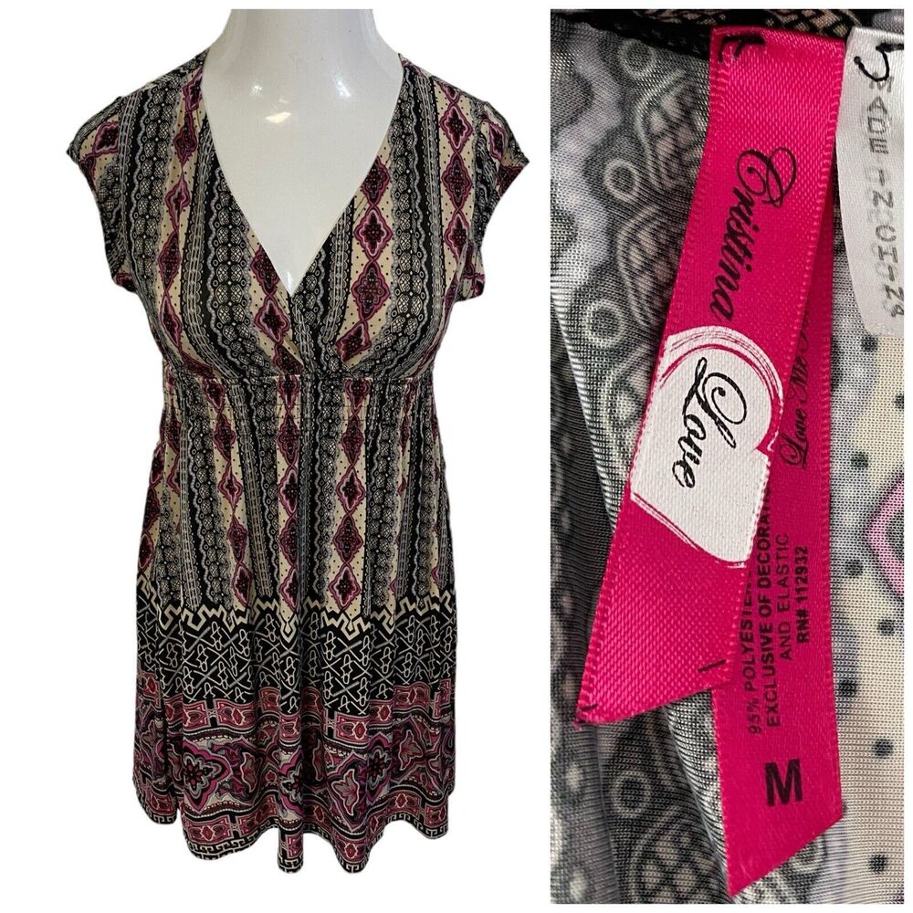 Cristina Love Dress Women Medium Boho Stretch Deep V Knit Pink Black Beach